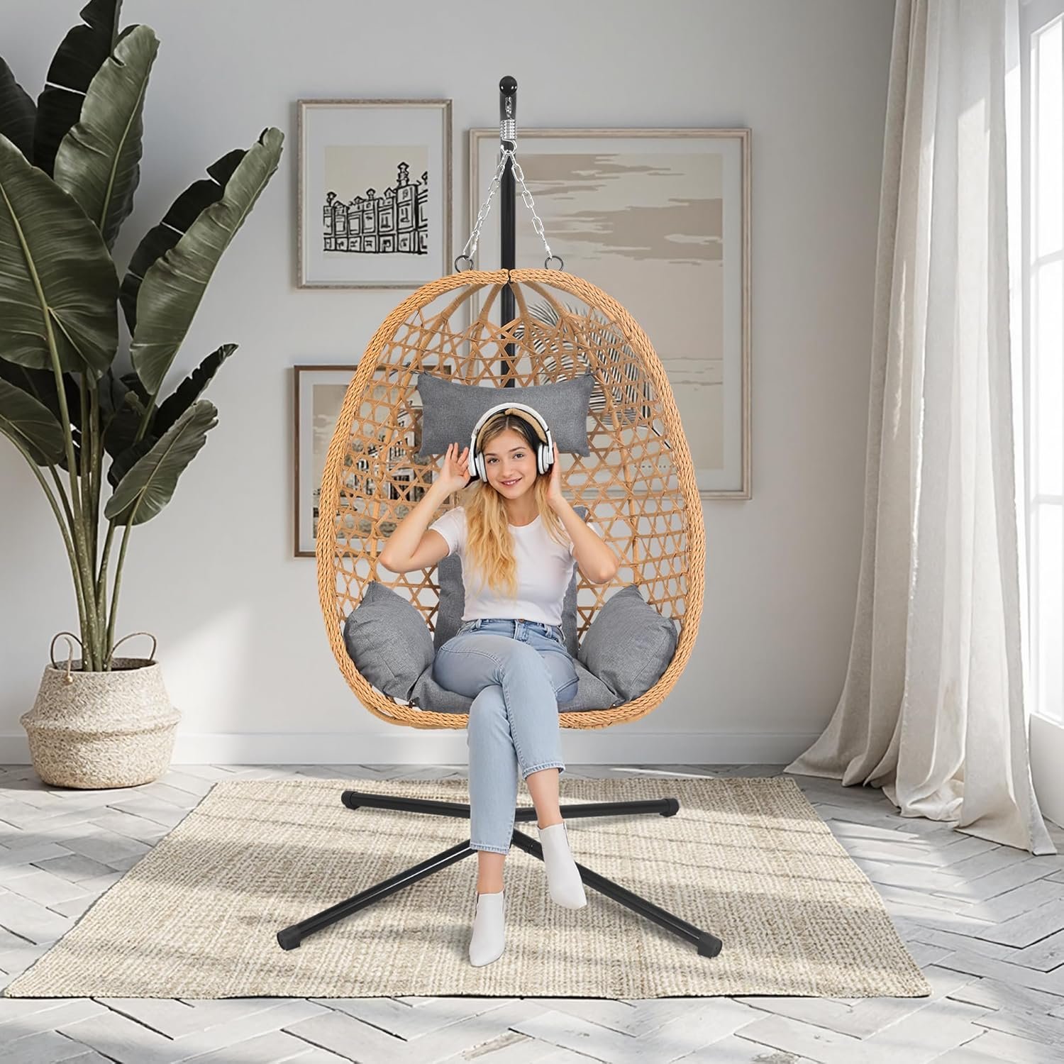 81zRvtT6G4L._AC_SL1500_ Hanging Egg Chair with Stand & Cushions - All-Weather Rattan Swing Chair - Image 1